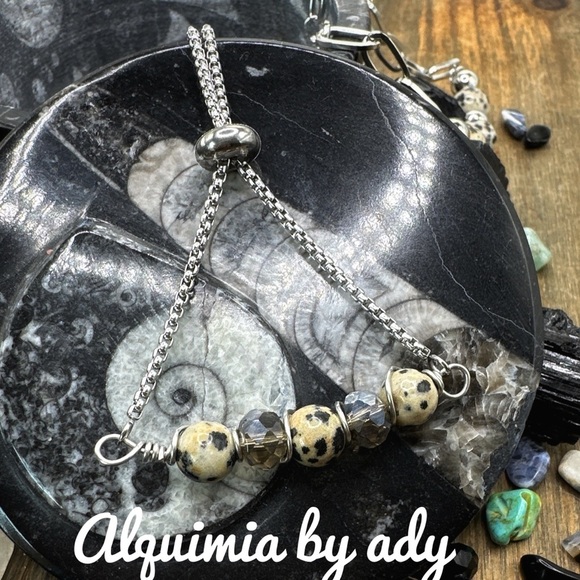 Silver Dalmatian Jasper adjustable os bracelet handmade bohemian - Picture 2 of 4